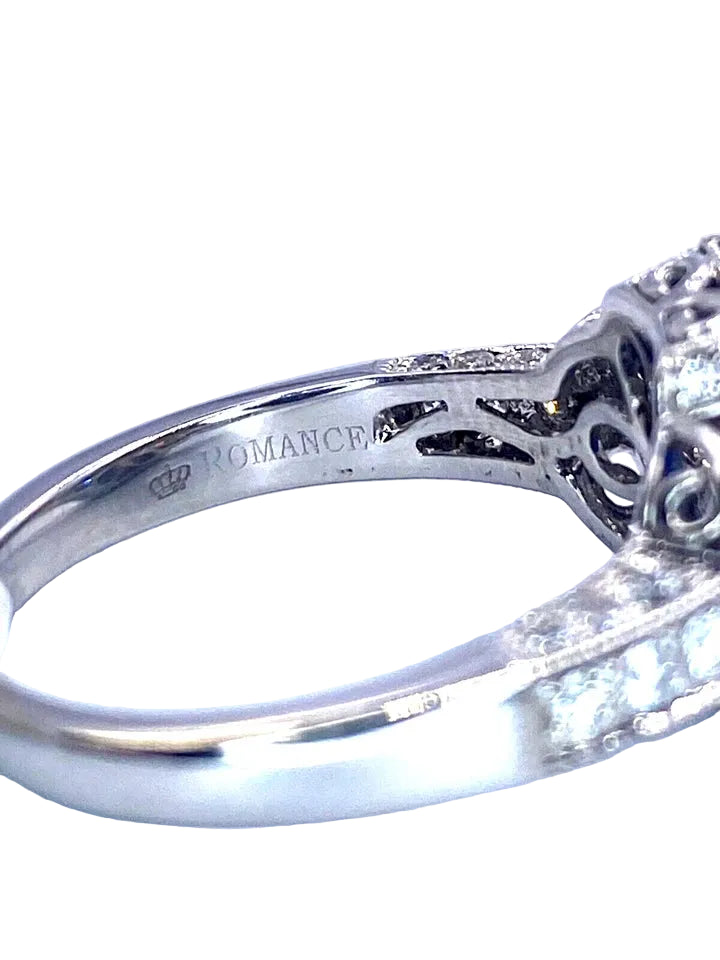 18k WG Emerald Cut Sapphire & Round Cut Diamond Ring